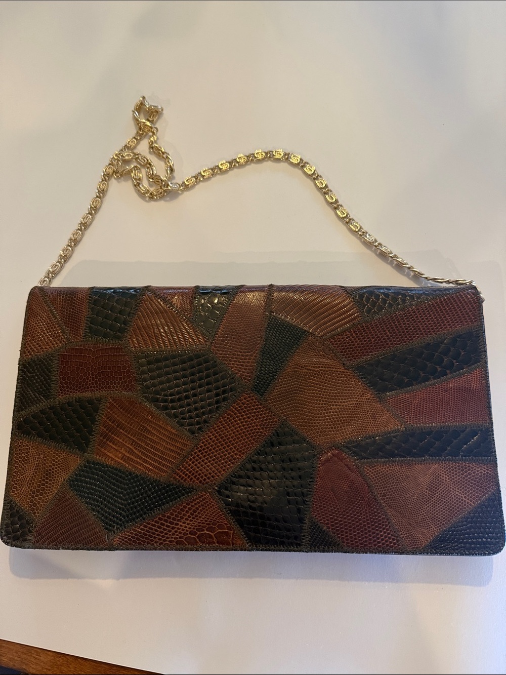 Vintage Patchwork Textured Leather Clutch with Gold Chain - Brown & Black